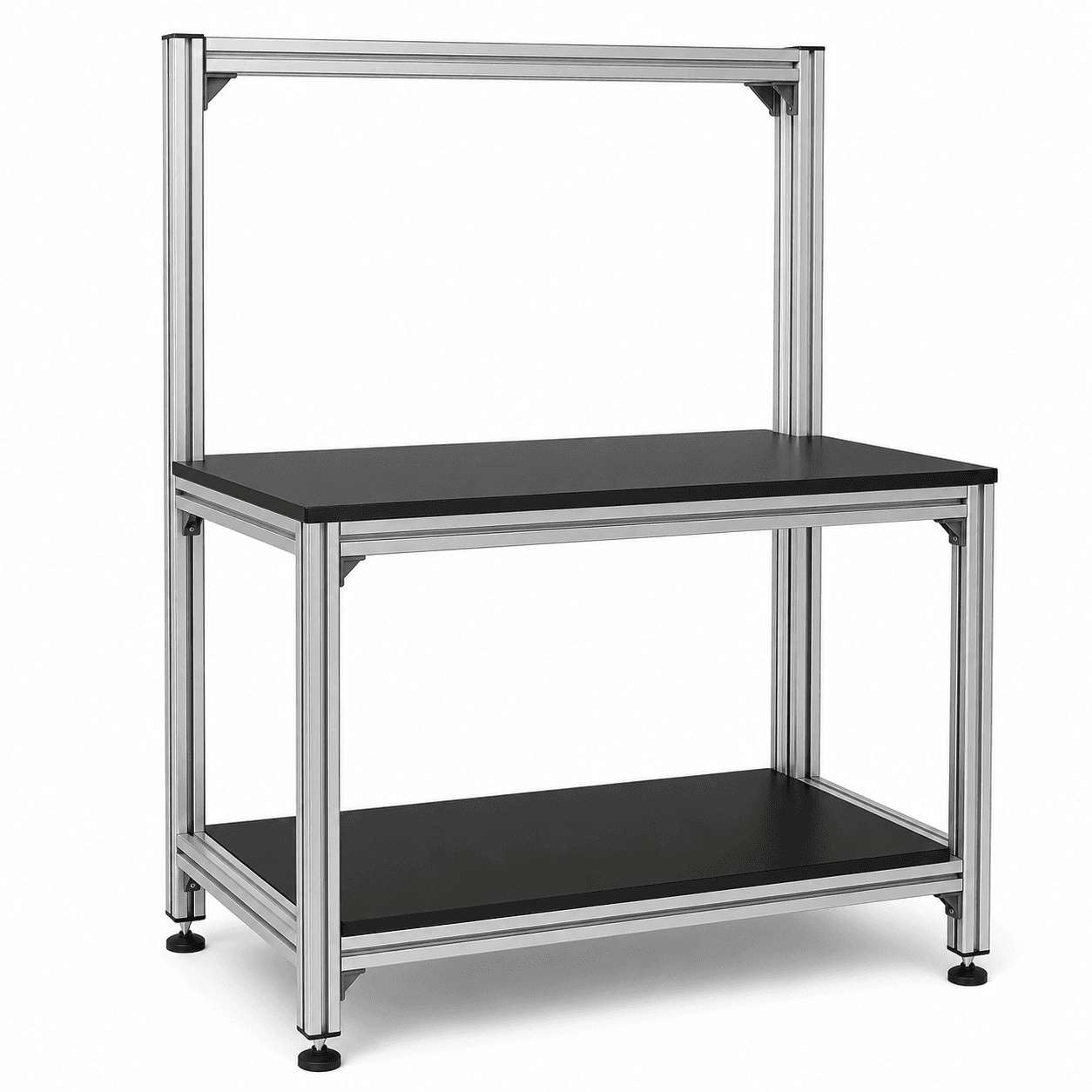 Custom aluminium profile workstation frame and shelving assembly